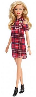 Barbie dukke blond med rødternet kjole