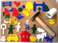 Rolf hammermosaik sæt med korkplade 40 x 30 cm., figurer, søm og Goki træhammer.