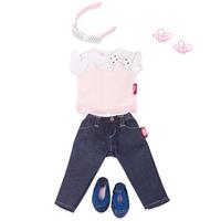 Götz dukketøj jeans med bluse, sko og hårbøjle 36 cm.