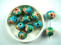 Cloisonné turkis m blomst 12 mm 25 stk meget smukke - håndlavede perler.